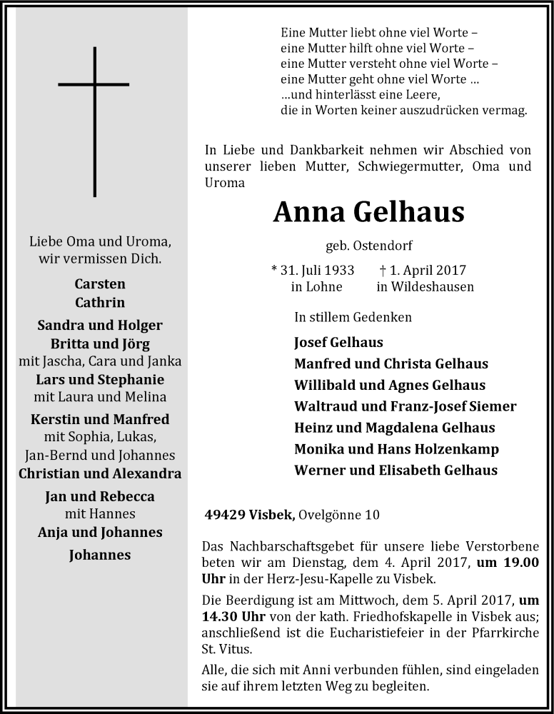  Traueranzeige für Anna Gelhaus vom 03.04.2017 aus OM-Medien