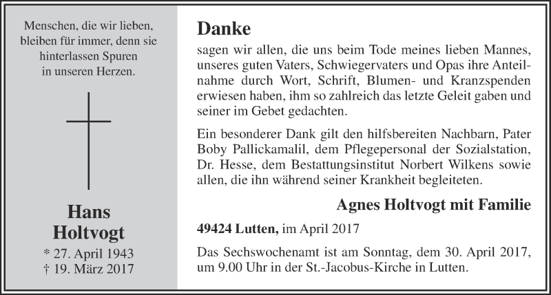  Traueranzeige für Hans Holtvogt vom 26.04.2017 aus OM-Medien