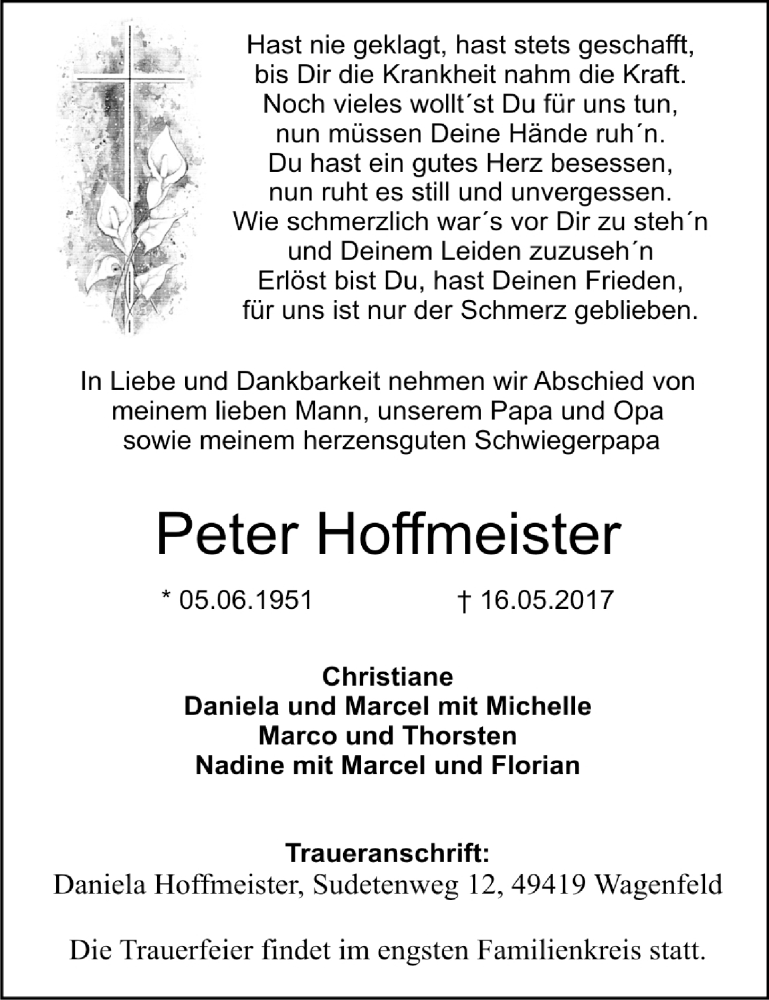  Traueranzeige für Peter Hoffmeister vom 20.05.2017 aus OM-Medien