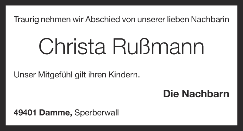  Traueranzeige für Christa Rußmann vom 17.05.2017 aus OM-Medien