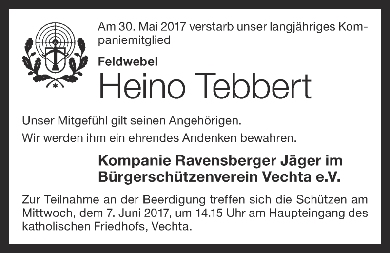  Traueranzeige für Heino Tebbert vom 07.06.2017 aus OM-Medien