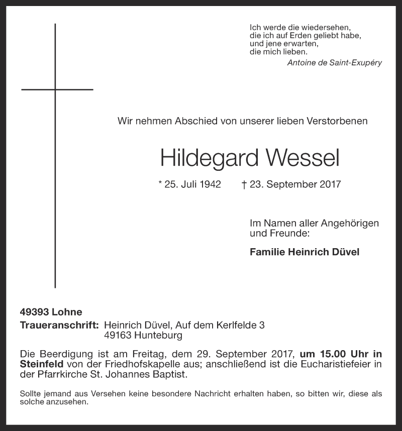 Traueranzeige für Hildegard Wessel vom 27.09.2017 aus OM-Medien