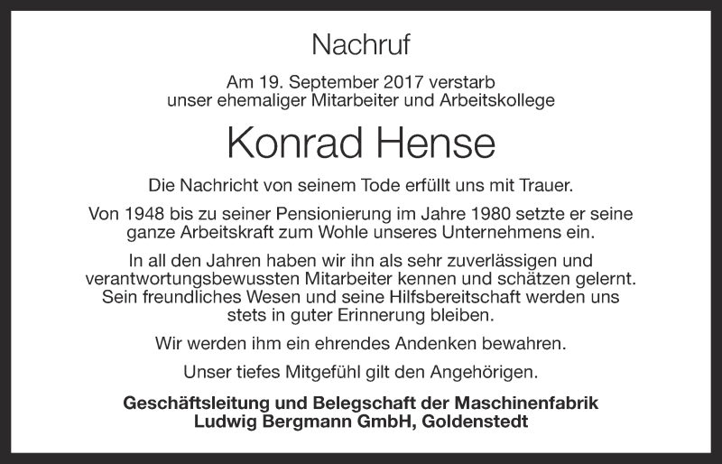 Traueranzeige für Konrad Hense vom 22.09.2017 aus OM-Medien