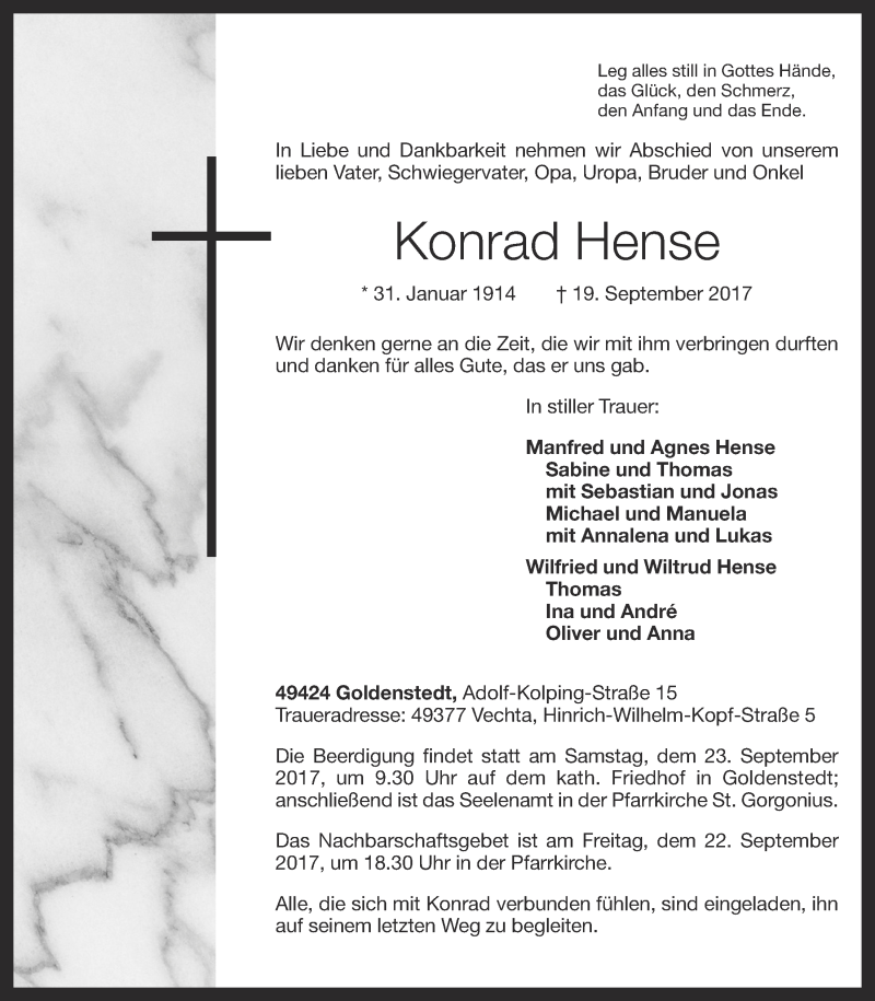  Traueranzeige für Konrad Hense vom 21.09.2017 aus OM-Medien