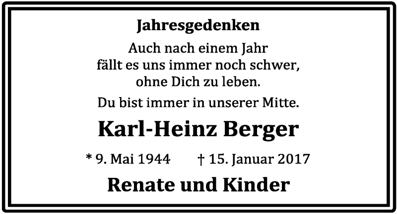  Traueranzeige für Karl-Heinz Berger vom 15.01.2018 aus OM-Medien