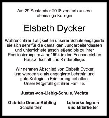 Anzeige von Elsbeth Dycker von OM-Medien