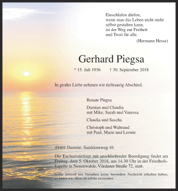 Anzeige von Gerhard Piegsa von OM-Medien