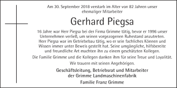 Anzeige von Gerhard Piegsa von OM-Medien