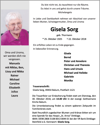 Anzeige von Gisela Sorg von OM-Medien