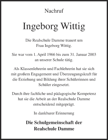 Anzeige von Ingeborg Wittig von OM-Medien