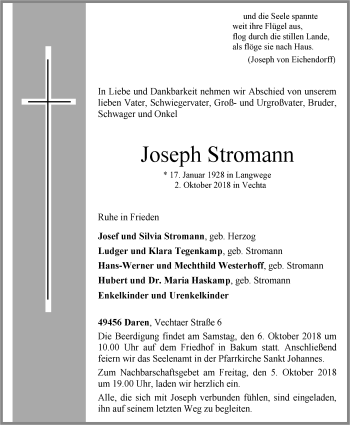 Anzeige von Joseph Stromann von OM-Medien
