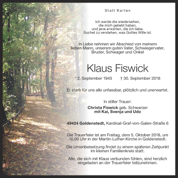 Anzeige von Klaus Fiswick von OM-Medien