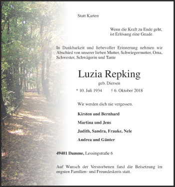 Anzeige von Luzia Repking von Oldenburgische Volkszeitung