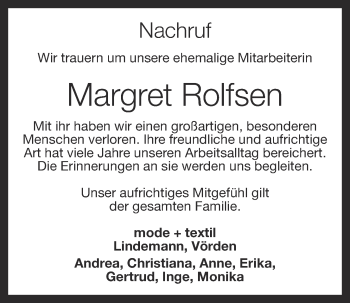 Anzeige von Margret Rolfsen von OM-Medien