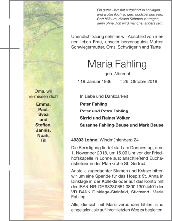 Anzeige von Maria Fahling von OM-Medien