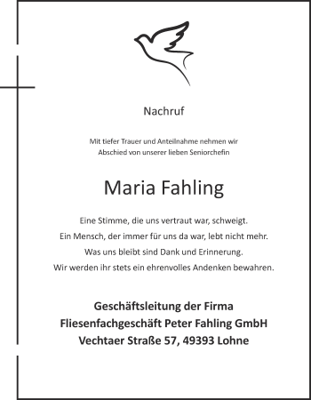 Anzeige von Maria Fahling von OM-Medien