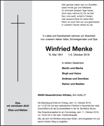 Anzeige von Winfried Menke von OM-Medien