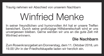 Anzeige von Winfried Menke von Oldenburgische Volkszeitung
