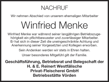 Anzeige von Winfried Menke von Oldenburgische Volkszeitung