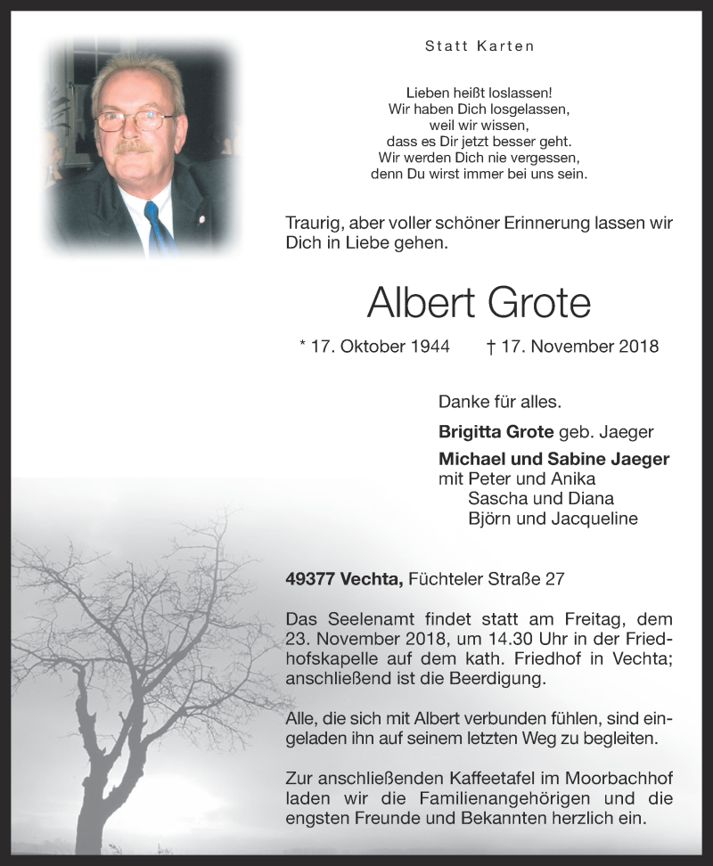  Traueranzeige für Albert Grote vom 19.11.2018 aus OM-Medien