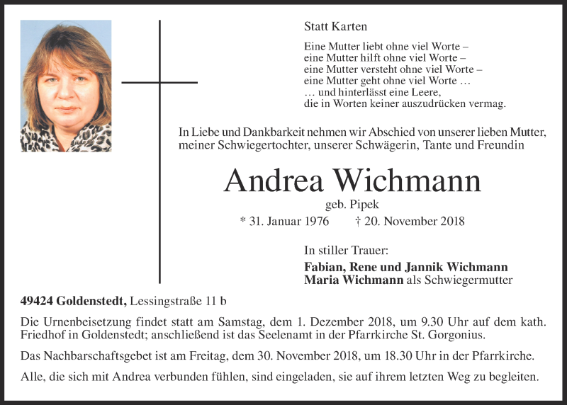  Traueranzeige für Andrea Wichmann vom 28.11.2018 aus OM-Medien