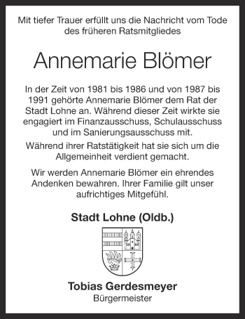 Anzeige von Annemarie Blömer von OM-Medien