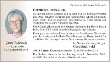 Anzeige von Gussi Sadowski von OM-Medien