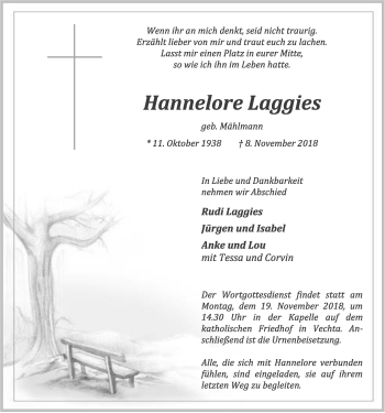 Anzeige von Hannelore Laggies von OM-Medien