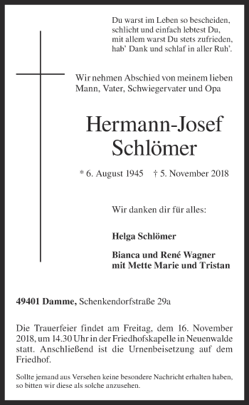 Anzeige von Hermann-Josef Schlömer von OM-Medien
