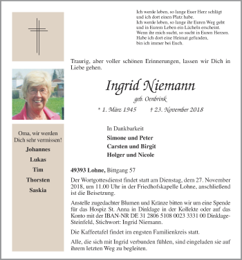 Anzeige von Indrid Niemann von OM-Medien