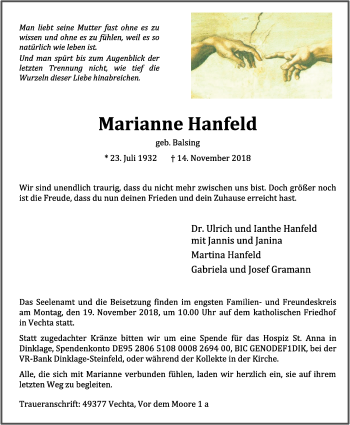 Anzeige von Marianne Hanfeld von OM-Medien