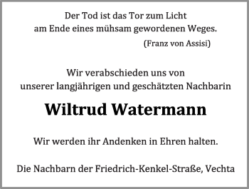 Anzeige von Wiltrud Watermann von OM-Medien