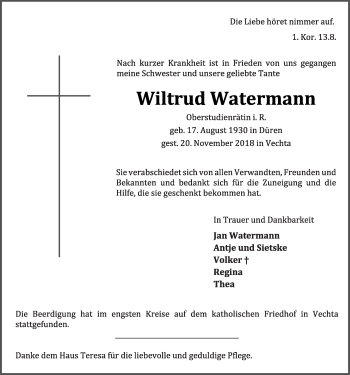 Anzeige von Wiltrud Watermann von OM-Medien