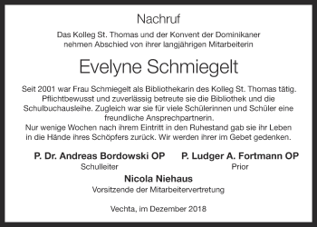 Anzeige von Evelyne Schmiegelt von OM-Medien