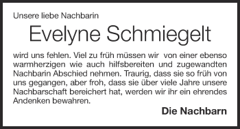 Anzeige von Evelyne Schmiegelt von OM-Medien