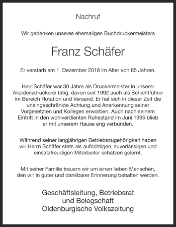 Anzeige von Franz Schäfer von OM-Medien