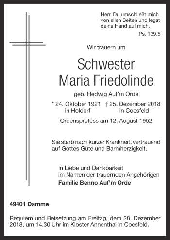 Anzeige von Hedwig Auf'm Orde von OM-Medien