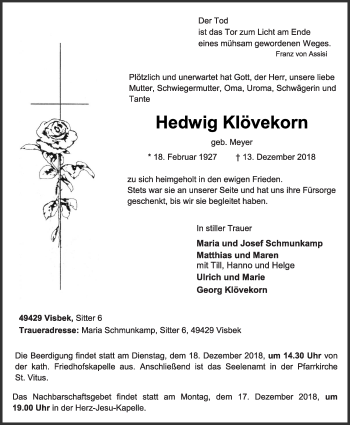 Anzeige von Hedwig Klövekorn von OM-Medien