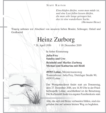 Anzeige von Heinz Zurborg von OM-Medien