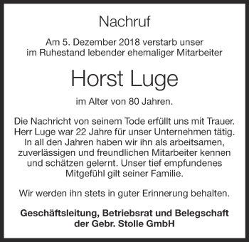 Anzeige von Horst Luge von OM-Medien