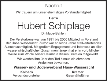 Anzeige von Hubert Schiplage von OM-Medien