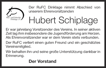 Anzeige von Hubert Schiplage von OM-Medien