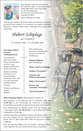 Anzeige von Hubert Schiplage von OM-Medien