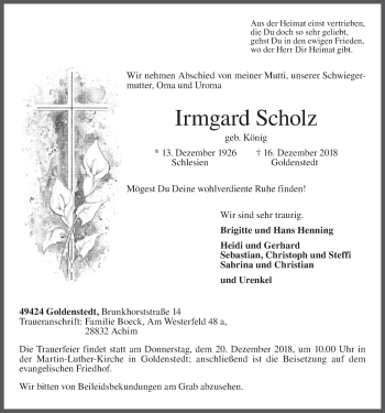 Anzeige von Irmgard Scholz von OM-Medien