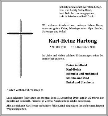 Anzeige von Karl-Heinz Hartong von OM-Medien