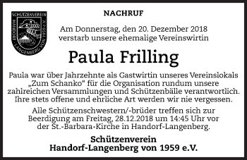 Anzeige von Paula Frilling von OM-Medien