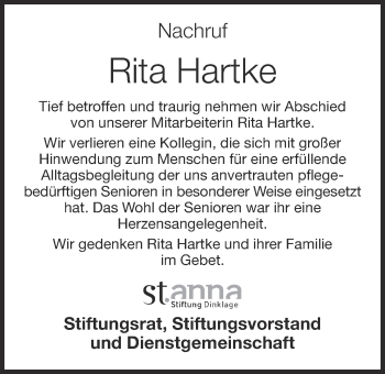 Anzeige von Rita Hartke von OM-Medien