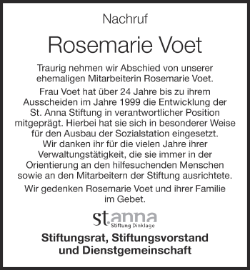 Anzeige von Rosemarie Voet von OM-Medien