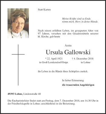 Anzeige von Ursula Gallowski von OM-Medien