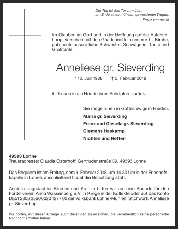 Anzeige von Anneliese Sieverding von OM-Medien